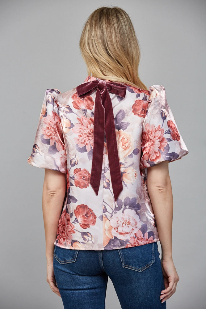FLORAL MOCK NECK BLOUSE-MAUVE/MULTI