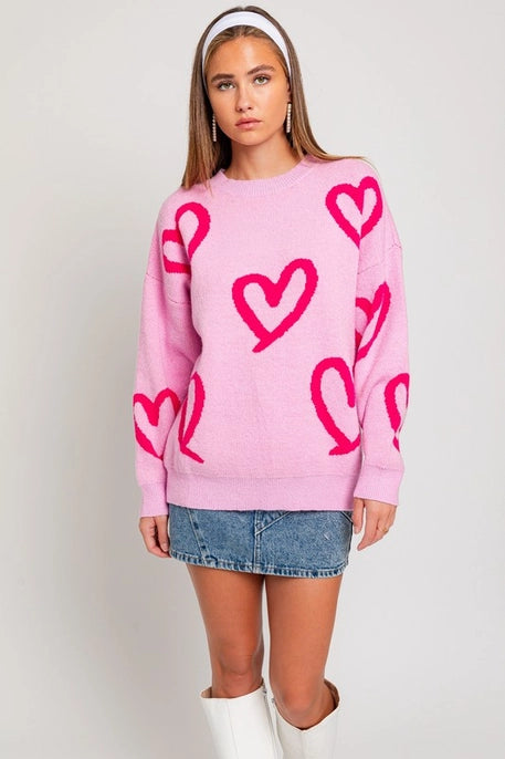 HEART PRINTED SWEATER-PINK/FUCHSIA