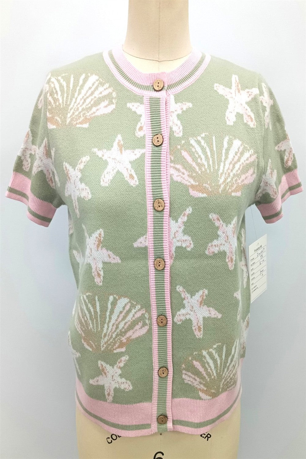 SEASHELL PRINT SWEATER TOP-SAGE/PINK