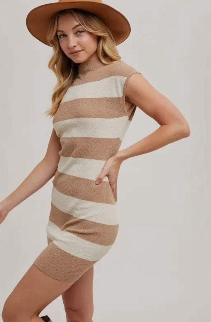 SERENA STRIPED MINI DRESS-TAUPE