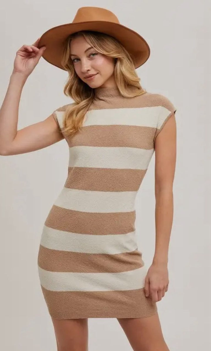 SERENA STRIPED MINI DRESS-TAUPE