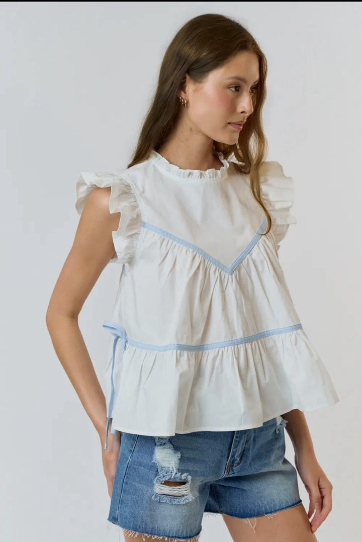 ALLIE RUFFLED HIGH NECK SIDE DETAIL TOP-OFF WHITE/CHAMBRAY