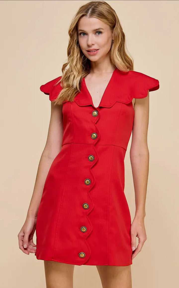 CATHERINE SCALLOPED GOLD BUTTON DRESS-RED