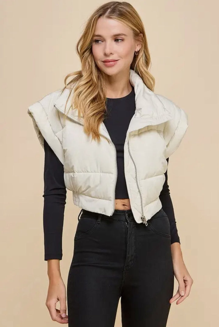 GIGI ELASTIC WAIST CROPPED PUFFER VEST-CREAM