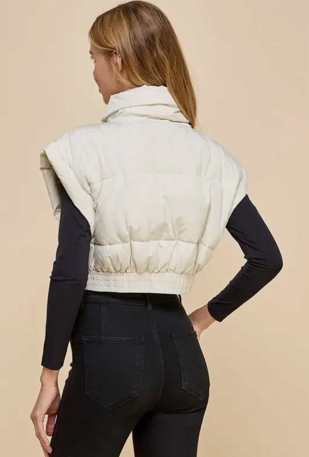 GIGI ELASTIC WAIST CROPPED PUFFER VEST-CREAM