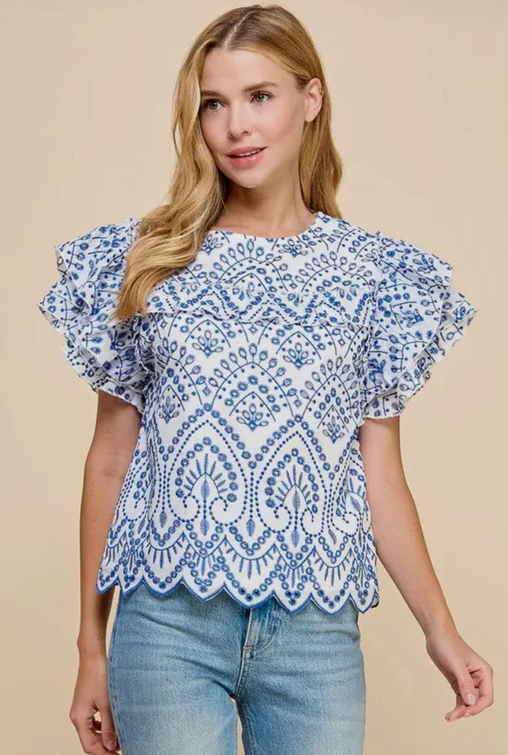 SYDNEY EMBROIDERED EYELET  RUFFLE TOP-BLUE