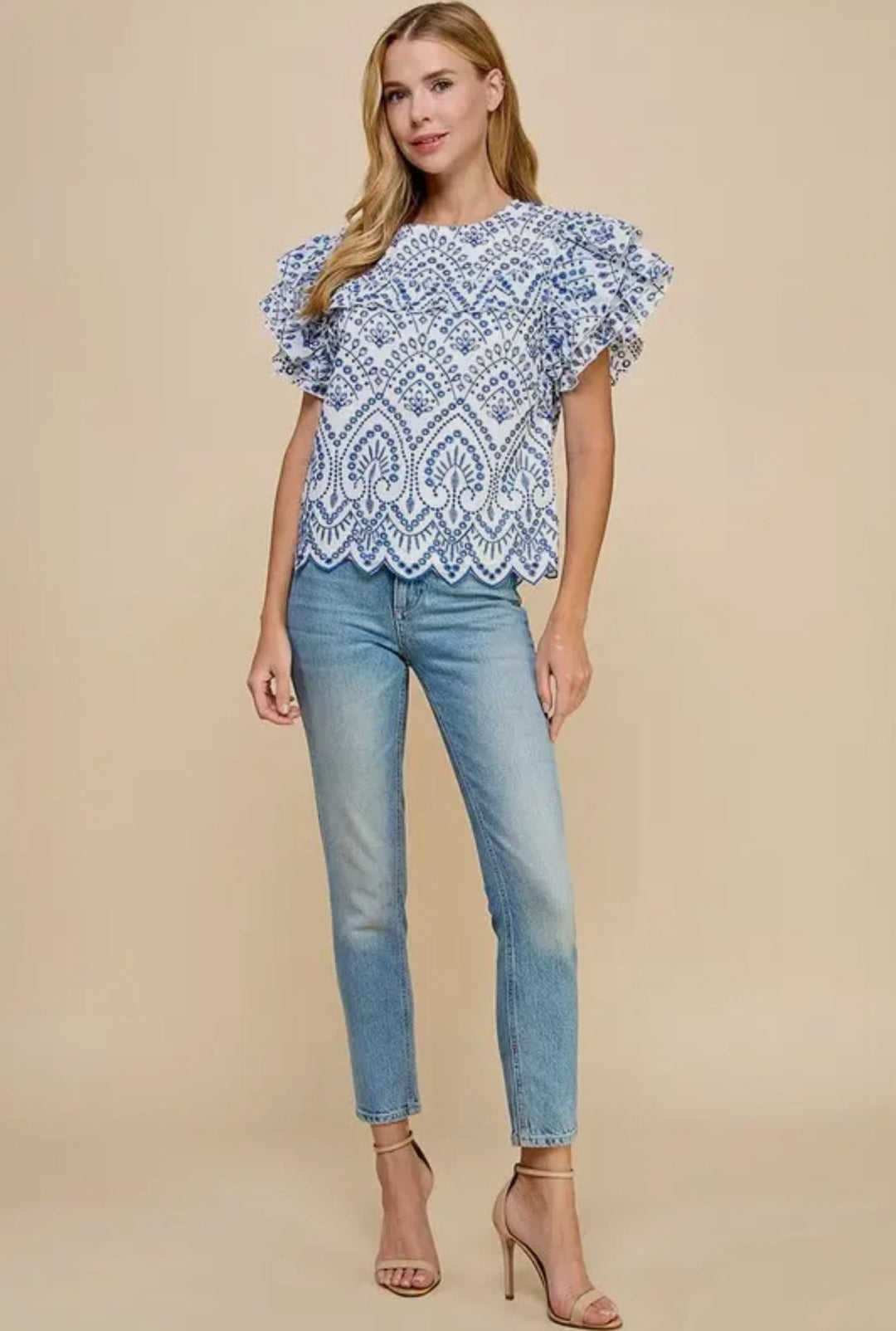 SYDNEY EMBROIDERED EYELET  RUFFLE TOP-BLUE