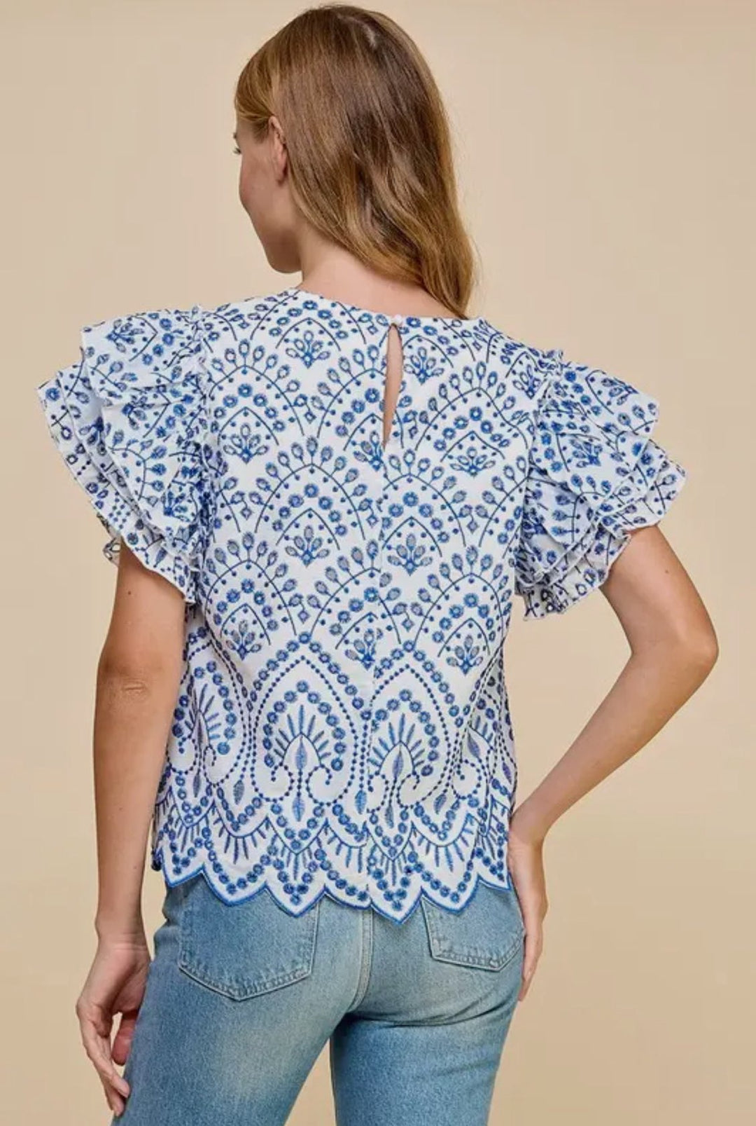 SYDNEY EMBROIDERED EYELET  RUFFLE TOP-BLUE