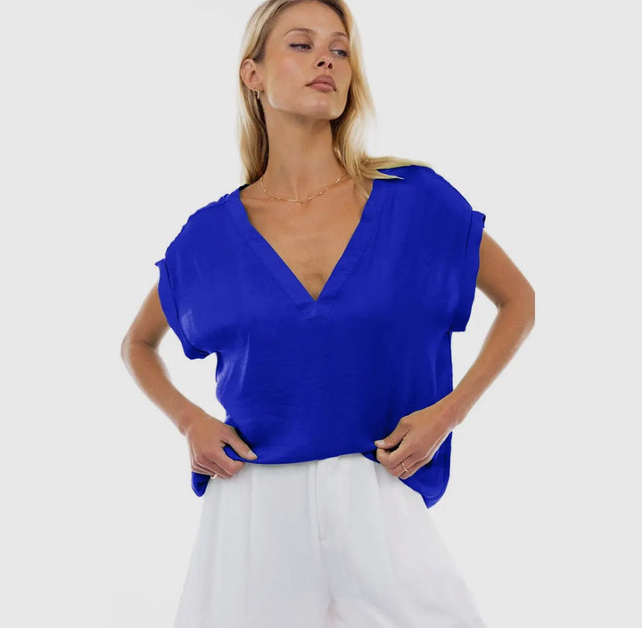 CHANDLER V-NECK DROP SHORT SLEEVE TOP-CAPRI BLUE