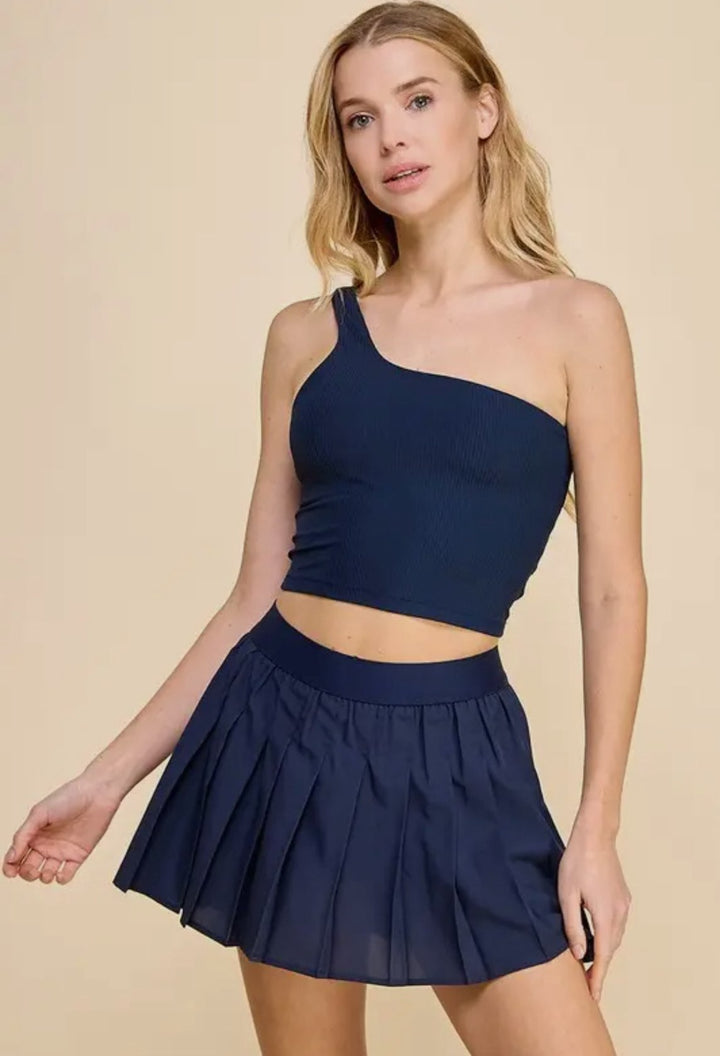 CROSBY ONE SHOULDER CROP ATHLETIC TOP-NAVY