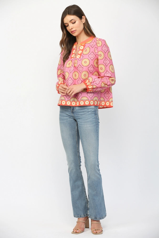 TILE PRINT LONG SLEEVE BLOUSE-PINK/MULTI