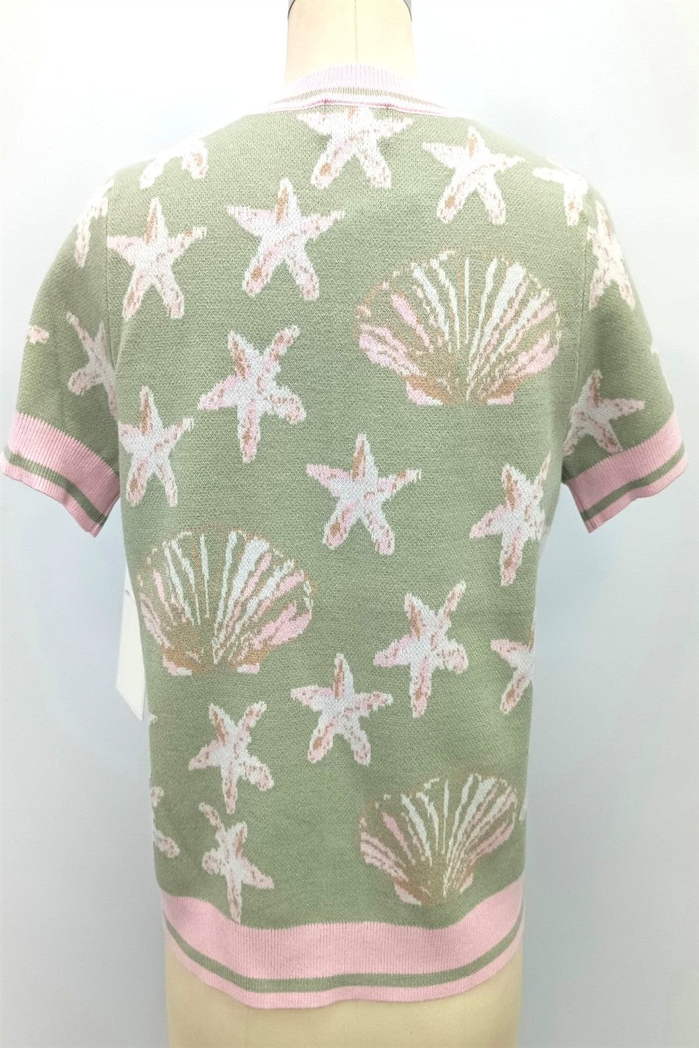 SEASHELL PRINT SWEATER TOP-SAGE/PINK