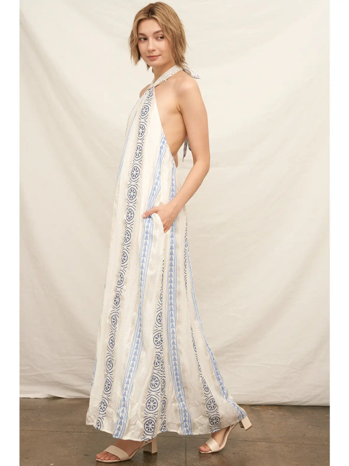 EMBROIDERED HALTER NEXK MAXI-WHITE/BLUE