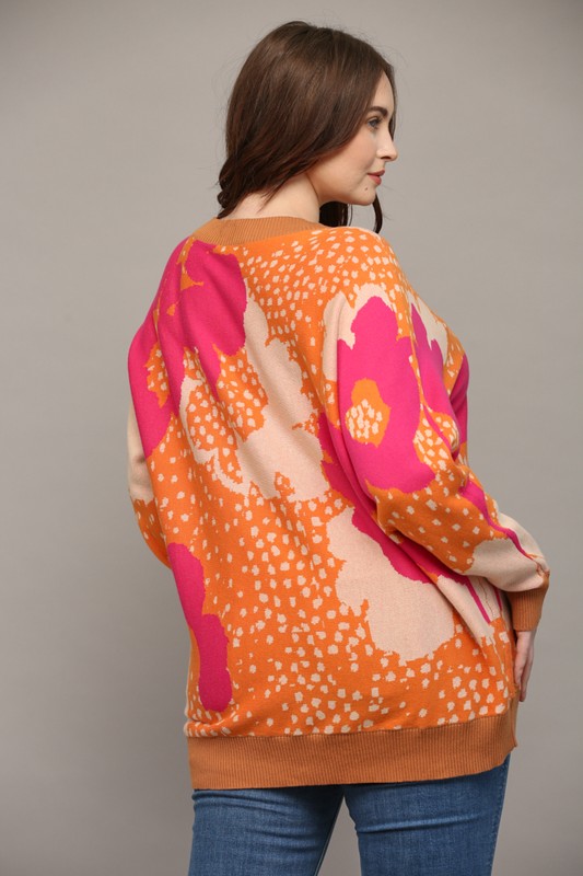 CURVE FLORAL PATTERN ROUND NECK SWEATER-HOT PINK/CAMEL