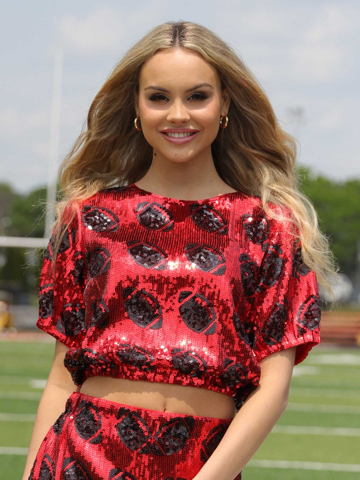 SEQUIN FOOTBALL CROPPED TOP-RED/BLACK