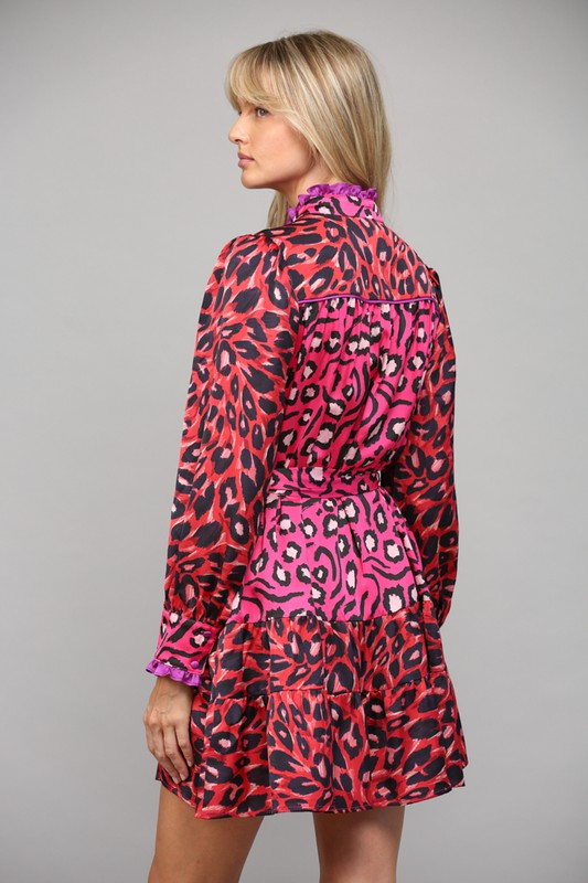 ANIMAL PRINT BUTTON FRONT DRESS-PINK RED
