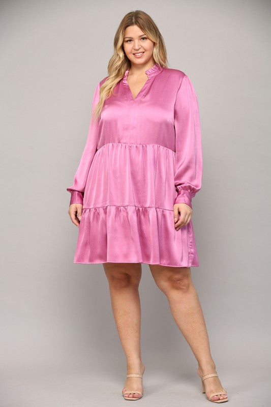 CURVE SOLID TIERED RUFFLE DRESS-PINK