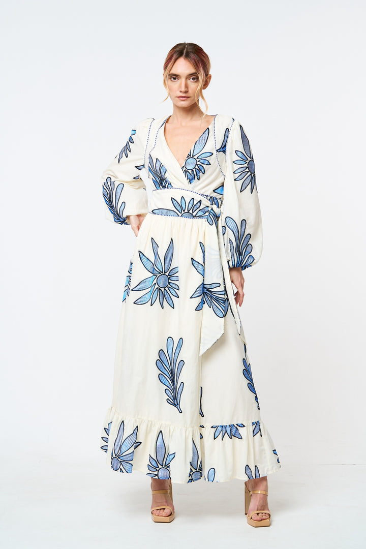 WILLOW ABSTRACT EMBROIDERY WRAP MAXI DRESS-BLUE