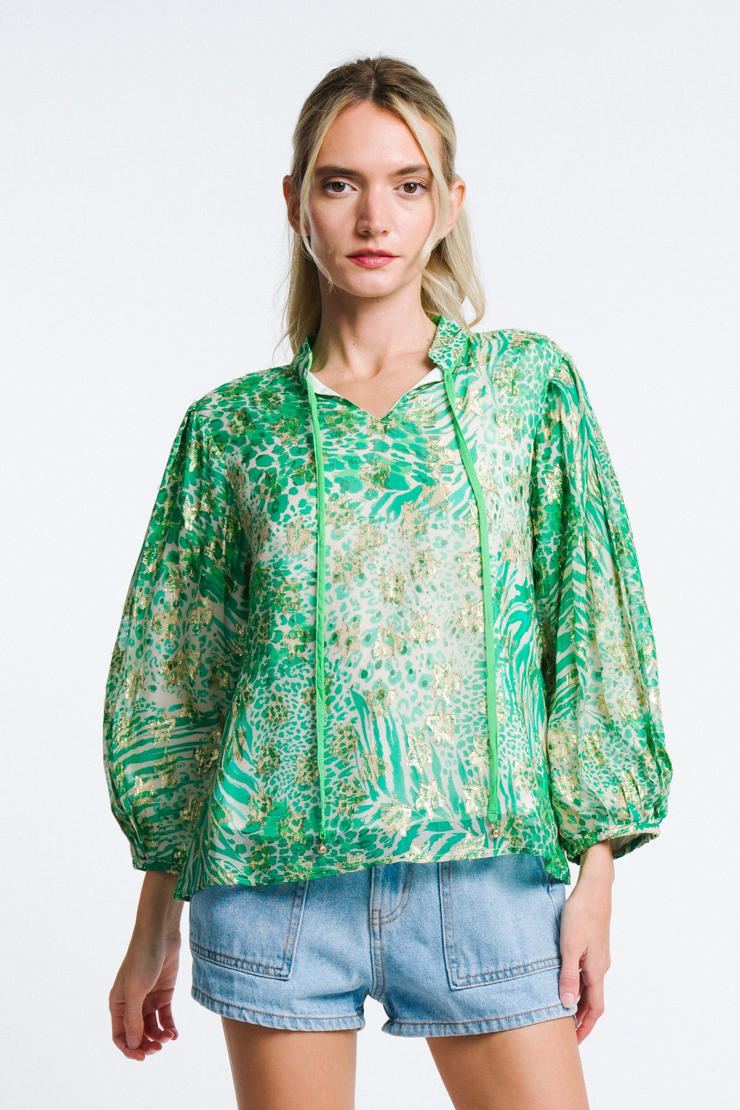 BARI PUFF SLEEVE FRONT TIE TOP-GREEN/MULTI