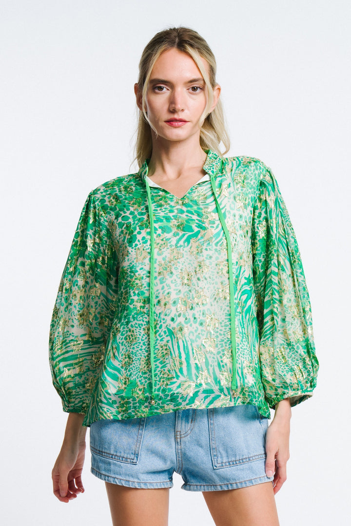 BARI PUFF SLEEVE FRONT TIE TOP-GREEN/MULTI