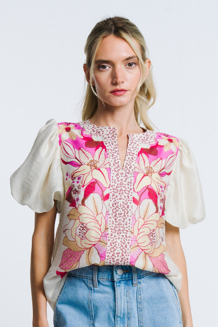 MILLY FLORAL PRINT PUFF SLEEVE BLOUSE-PINK/MULTI