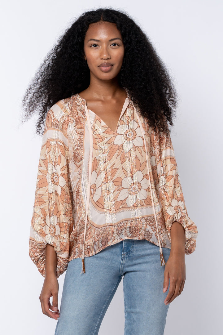 GEFINA METALLIC PRINT BLOUSE-TAUPE/MULTI