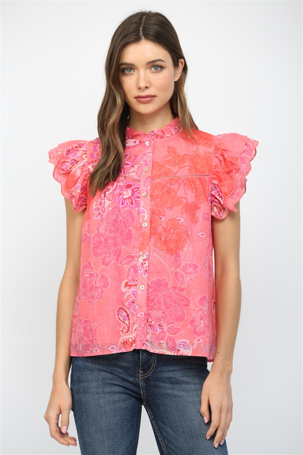 EMBROIDERED SCALLOP SLEEVED BLOUSE-PINK/MULTI
