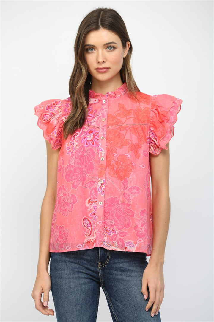 EMBROIDERED SCALLOP SLEEVED BLOUSE-PINK/MULTI