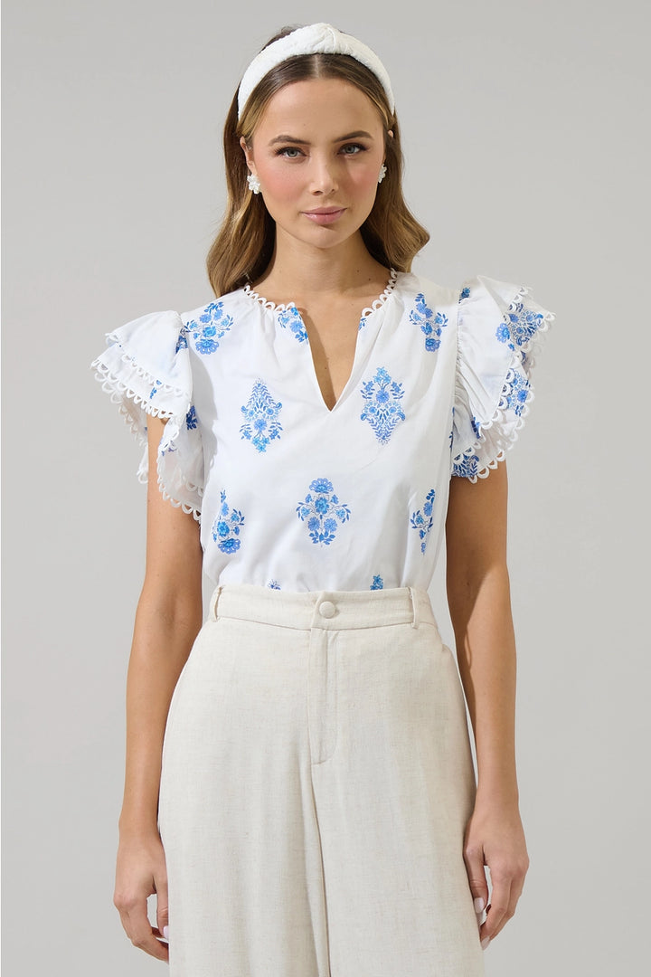 YILA FLORAL EMA RUFFLE TOP-WHITE/BLUE