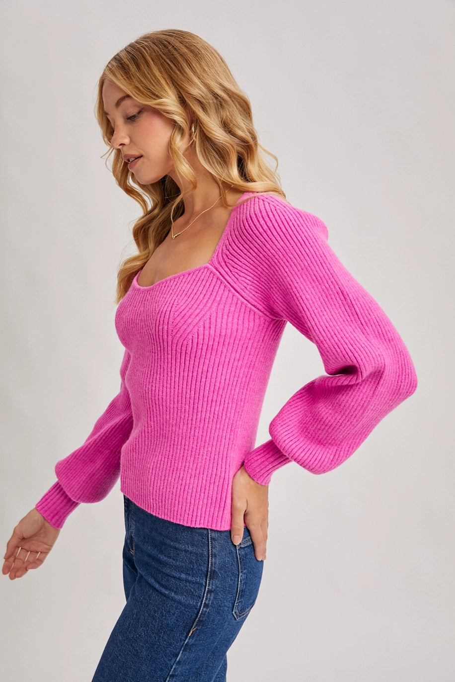 SWEETHEART NECK RIBBED SWEATER-HOT PINK