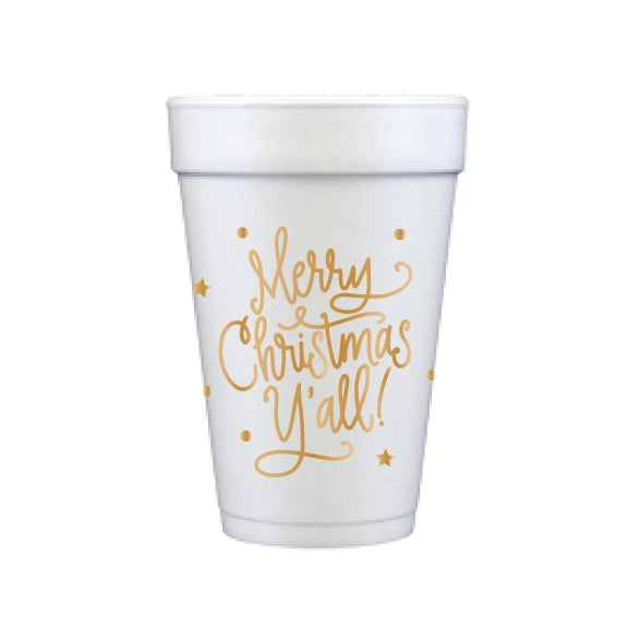 MERRY CHRISTMAS YALL FOAM CUPS-GOLD