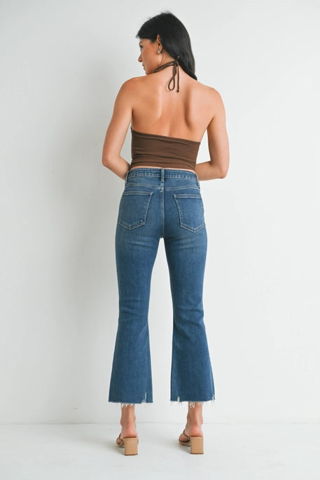 PIPER HIGH RISE CROP FLARE W/ DISTRESSED HEM-DARK DENIM