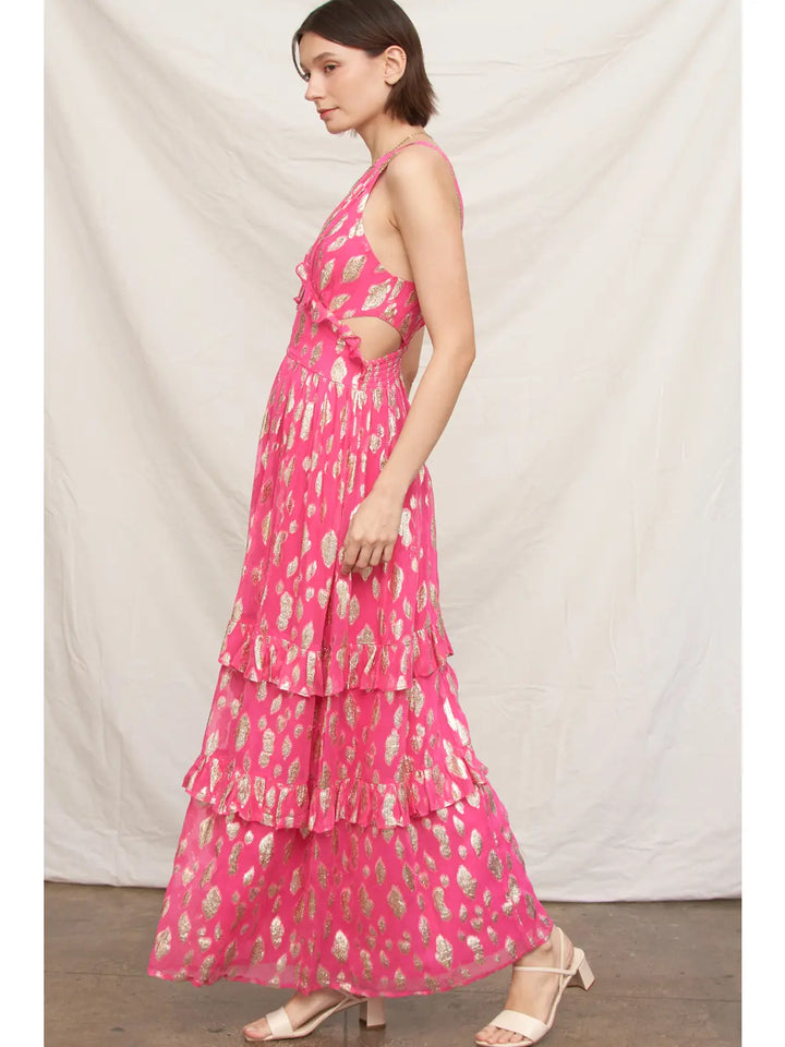 METALLIC POLKA DOT MAXI DRESS-FUCHSIA