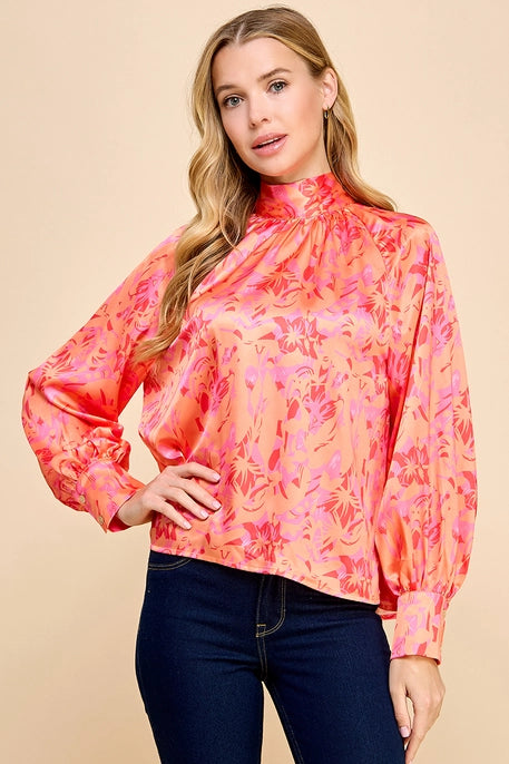 PRINTED LONG SLEEVE BLOUSE-CORAL