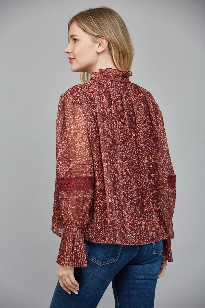 FLORAL PRINT LUREX BLOUSE-BURGUNDY/MULTI