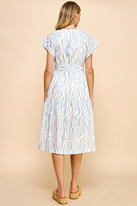 PRINT TIERED MIDI DRESS-LIGHT BLUE