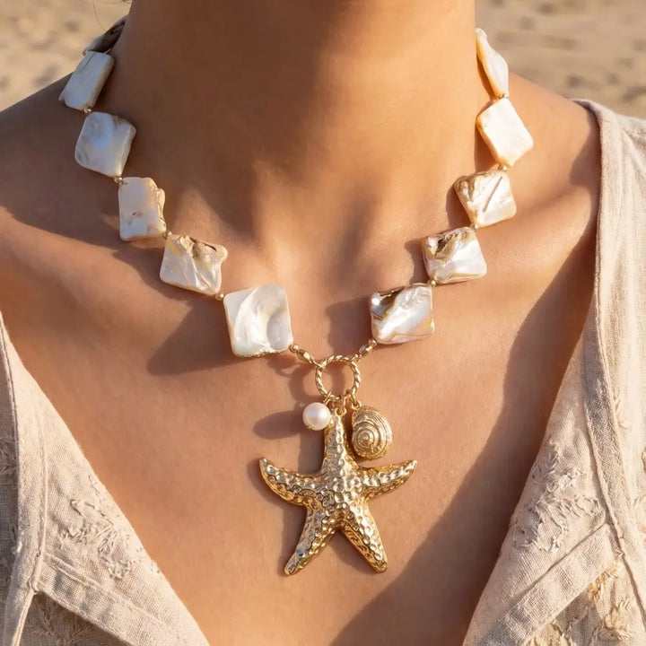 STARFISH AND PEARL DROP NECKLACE-GOLD