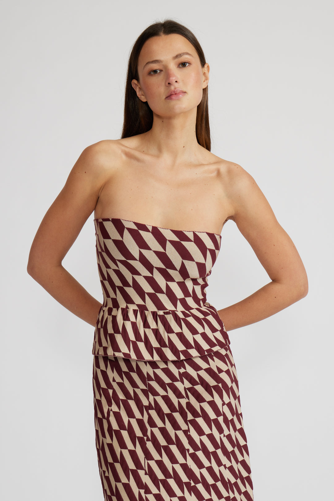 ANTONELLA STRAPLESS TOP-BURGUNDY/CREAM