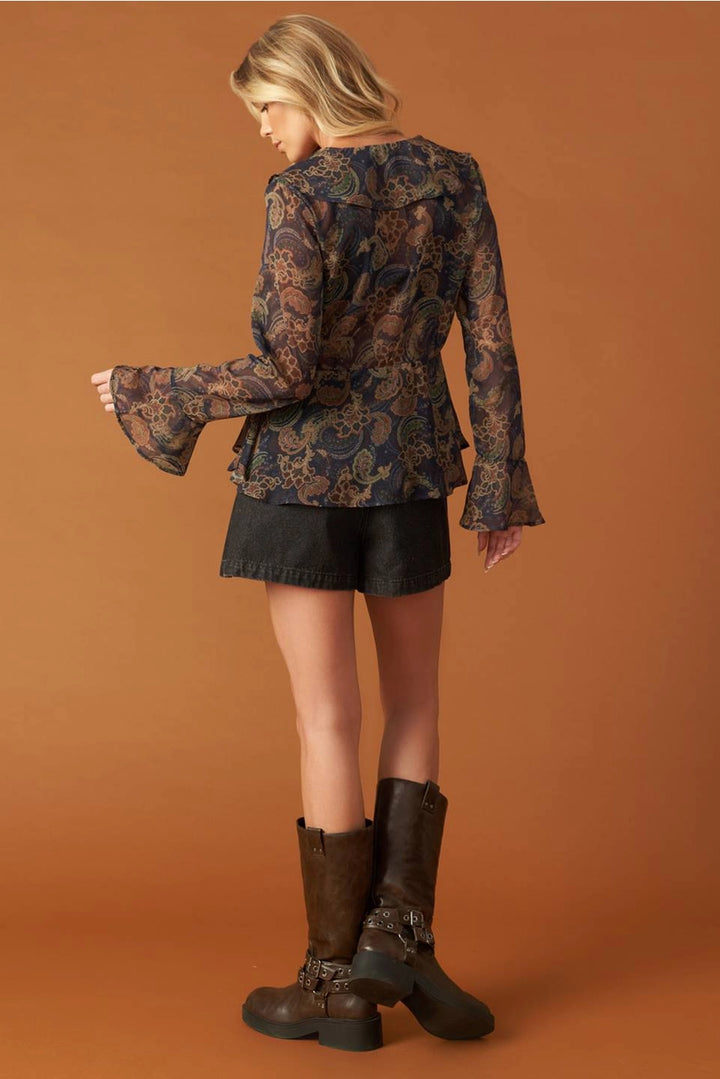 PRINTED RUFFLED PEASANT TOP-NAVY