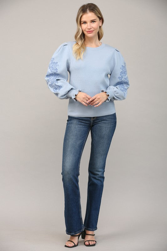 EMBROIDERED FRILL CUFF SLEEVE SWEATER- POWDER BLUE