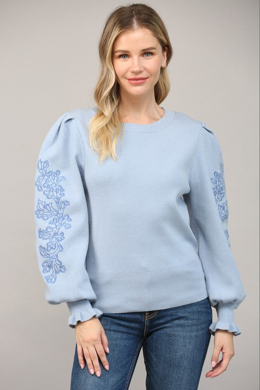 EMBROIDERED FRILL CUFF SLEEVE SWEATER- POWDER BLUE