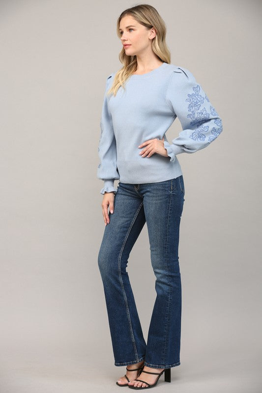 EMBROIDERED FRILL CUFF SLEEVE SWEATER- POWDER BLUE