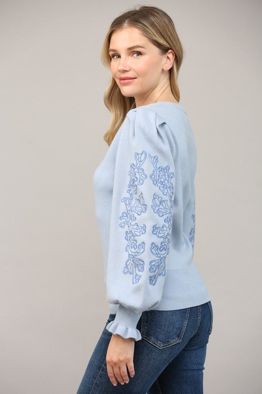 EMBROIDERED FRILL CUFF SLEEVE SWEATER- POWDER BLUE