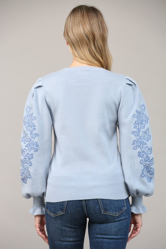 EMBROIDERED FRILL CUFF SLEEVE SWEATER- POWDER BLUE