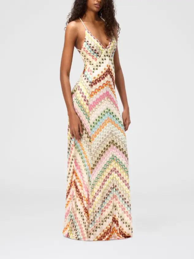 CROCHET STRIPED MAXI DRESS-MULTI