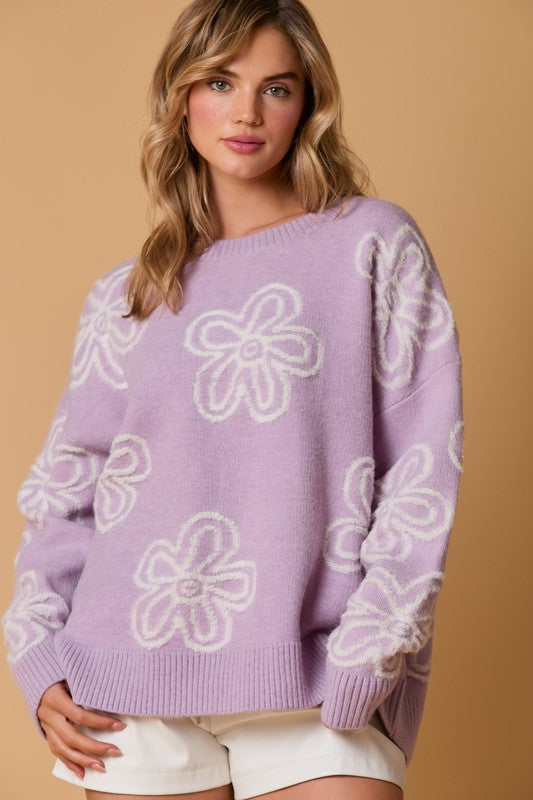 DAISY PRINT SWEATER-LAVENDER