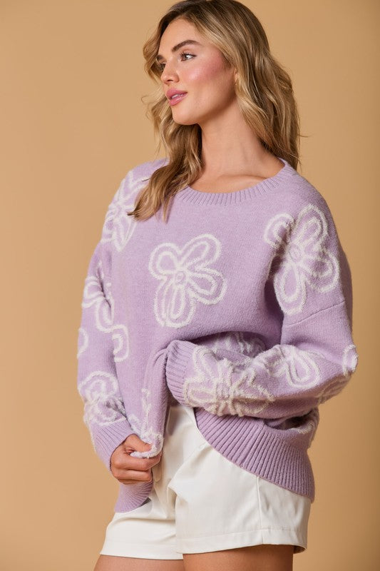 DAISY PRINT SWEATER-LAVENDER