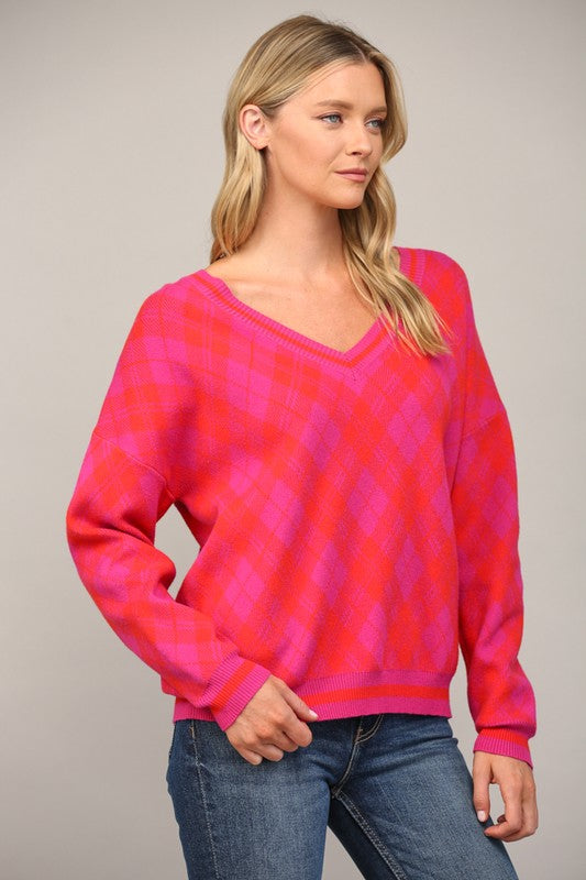 PLAID V-NECK SWEATER-MAGENTA/RED