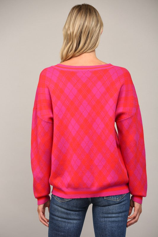 PLAID V-NECK SWEATER-MAGENTA/RED