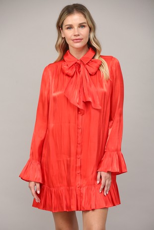 METALLIC TIE NECK DRESS-TOMATO RED